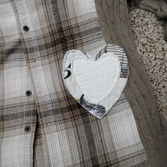 3857 Size XL Upcycled Plaid Button Down Shirt with Cable Knit Sleeves - Picture 2 of 5